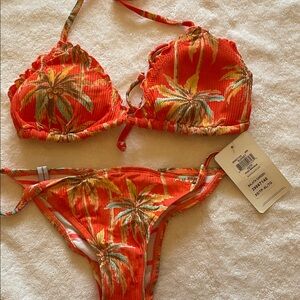 Body Glove Orange and White Bikini Set sunset print triangle top S, bottom XS